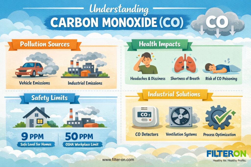 Infographic explaining carbon monoxide (CO) pollution, health impacts, safety limits, and industrial solutions.